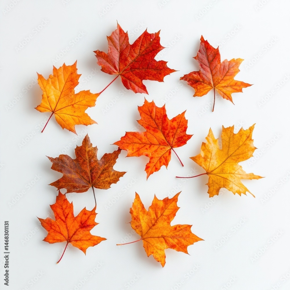 Closeup of vibrant red orange and yellow maple leaves in warm fall colors on a plain white background Scenic autumn nature still life with seasonal foliage and botanical elements Closeup of vibrant red orange and yellow maple leaves in warm fall colors on a plain white background Scenic autumn nature still life with seasonal foliage and botanical elements