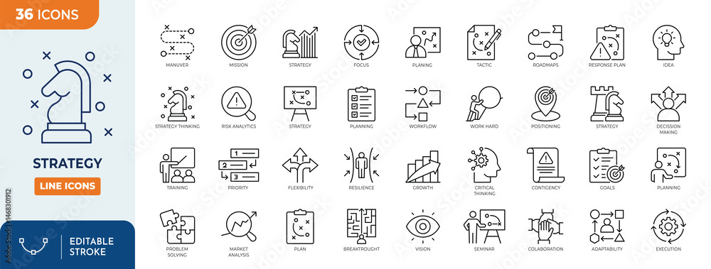 Strategy line editable icon set. Editable stroke. Vector illustration