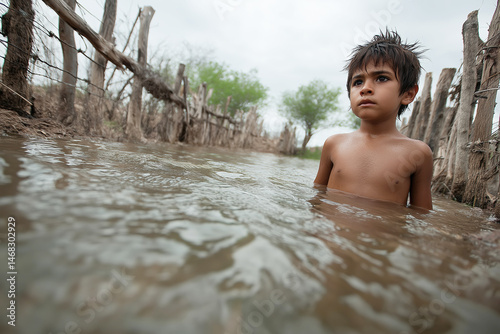 Young boy standing in shallow water, surrounded by a rustic wooden fence and sparse greenery, reflecting a serene yet challenging environment of nature and childhood