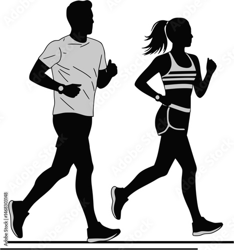 Running man and woman, isolated vector silhouettes. Run, side view. Silhouettes of athletic looking male and female runners running. EPS 10 version.