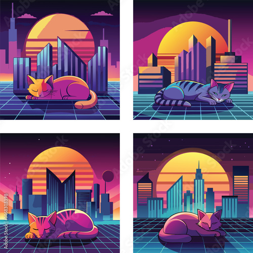 Neon City Cats Sleeping in Futuristic Sunset Skyline Art