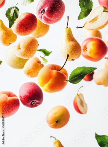 Colorful apricots, pears, and apples in mid-air