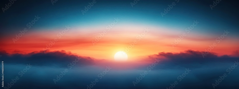Fototapeta premium Bright sun rising above the horizon with layers of dark and colorful clouds, illuminating the sky with warm orange, pink, and blue hues conveying a serene and peaceful atmosphere