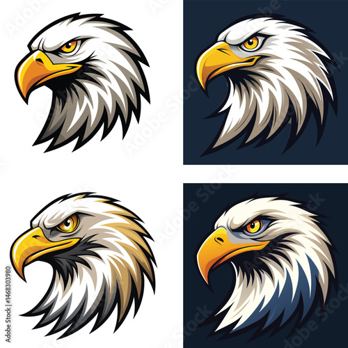 Set of fierce bald eagle head mascot illustrations with sharp yellow beak and intense eyes in vector cartoon style