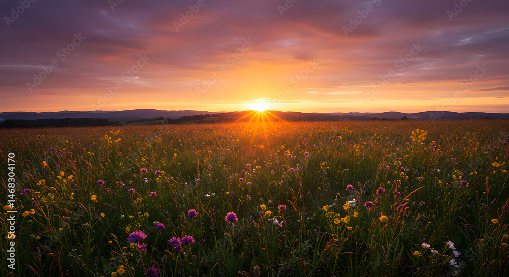 Fototapeta premium Vibrant Wildflower Meadow at Sunrise