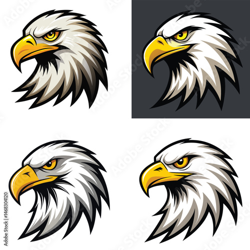 Set of fierce bald eagle head mascot illustrations with sharp yellow beak and intense eyes in vector cartoon style