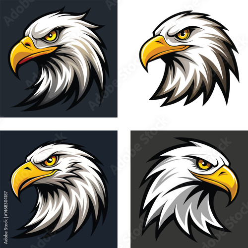 Set of fierce bald eagle head mascot illustrations with sharp yellow beak and intense eyes in vector cartoon style