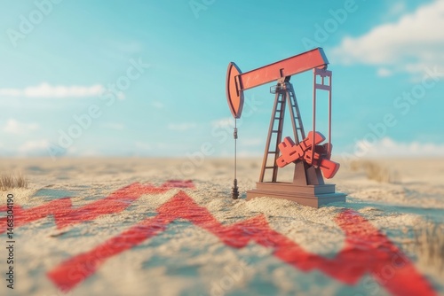 Declining oil prices illustrated by a red downward trend in the desert.