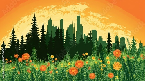 Pixelated city skyline amidst nature's embrace under warm sunset hues evoking tranquility and blending urban and natural landscape