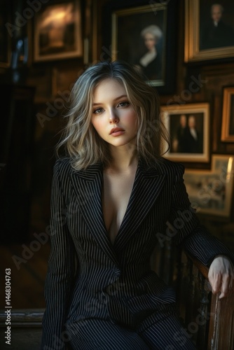 young woman with blonde wavy hair wearing a black pinstripe suit sitting indoors against a backdrop of classical framed portraits with a thoughtful and calm expression Free Download young woman with blonde wavy hair wearing a black pinstripe suit sitting indoors against a backdrop of classical framed portraits with a thoughtful and calm expression - GFXLoad