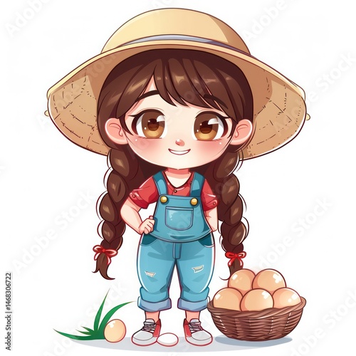 cute girl with eggs, Chibi cute style, cartoon