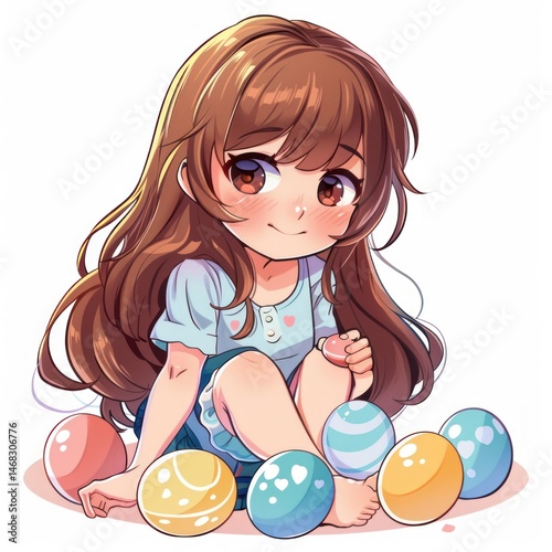 cute girl with eggs, Chibi cute style, cartoon