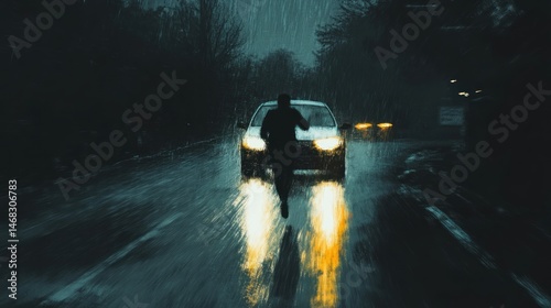 Desperation dash, Silhouette running towards car in heavy rain at night