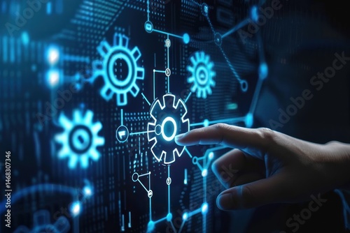 transfer data between application, closeup hand touching gears icon on network