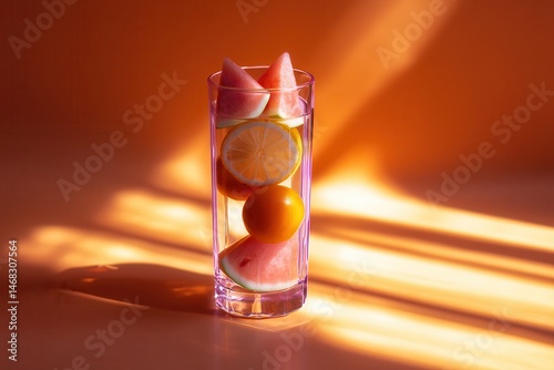 Clear glass of water infused with fresh fruit slices on a white background, bright daylight setting.