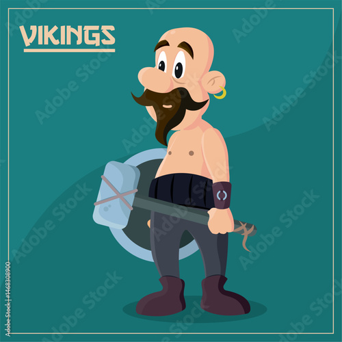 Bald viking holding hammer. Vector