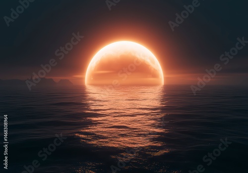 Large orange moon is reflected in the water. The sky is dark and the water is calm