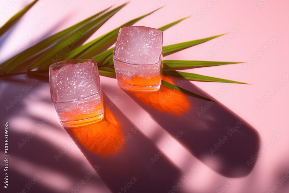 Two glasses of iced orange juice on a wooden table with natural daylight, refreshing summer drink.