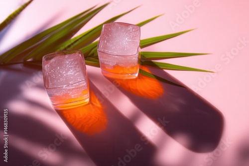 Two glasses of iced orange juice on a wooden table with natural daylight, refreshing summer drink.