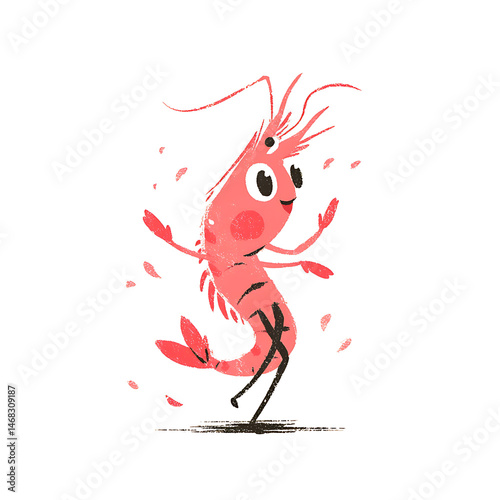 A cheerful cartoon shrimp dances joyfully amidst falling petals, radiating happiness and whimsical charm. photo