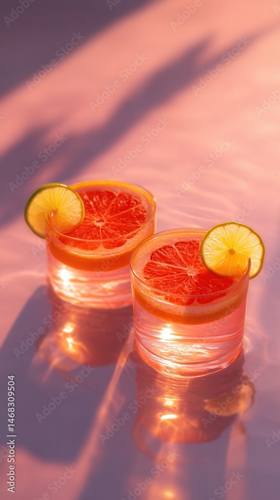 Two glasses of fresh orange juice garnished with lime slices on a white background, bright and refreshing.