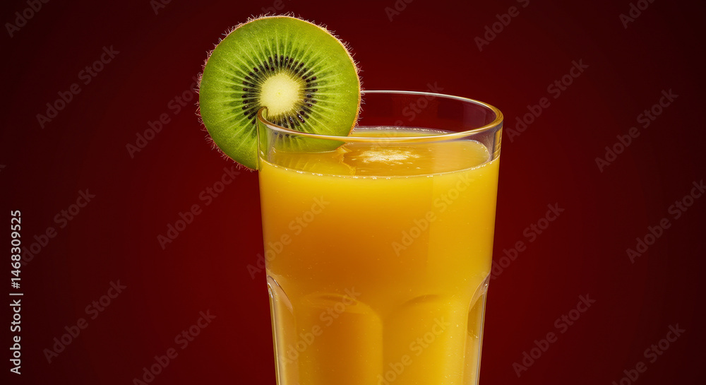 Glass Of Orange Juice With Kiwi Garnish On Red Background In Studio Glass Of Orange Juice With Kiwi Garnish On Red Background In Studio