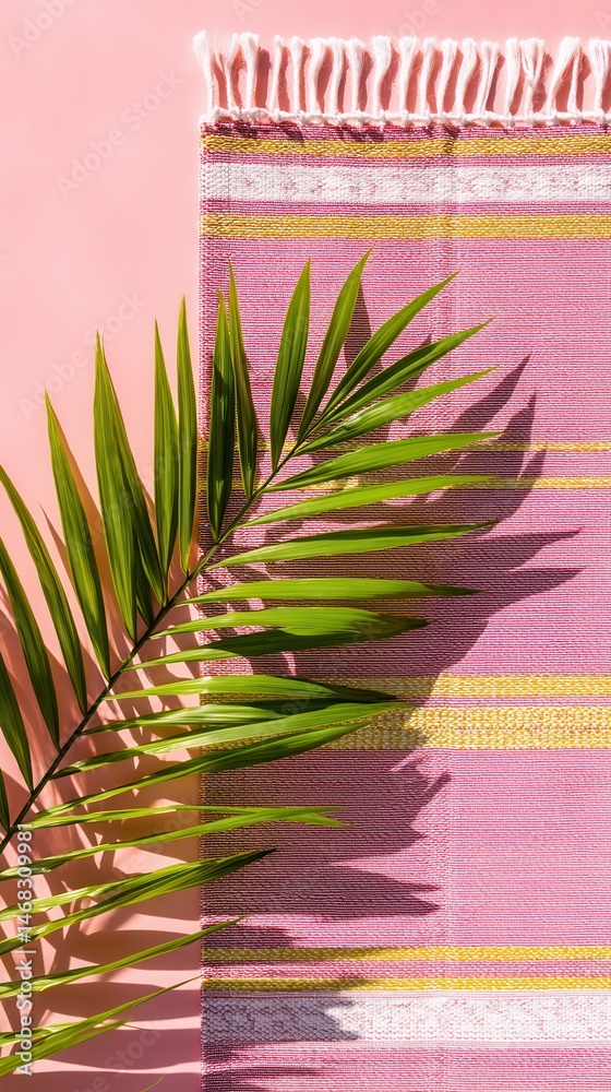 Close-up of green palm leaf on vibrant pink and yellow striped rug with soft natural lighting.