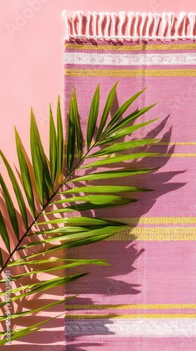 Obraz na płótnie Close-up of green palm leaf on vibrant pink and yellow striped rug with soft natural lighting. w salonie
