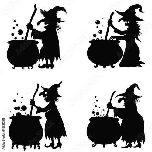 Silhouettes of Witches Stirring Cauldrons with Bubbling Potions - Halloween Witchcraft Illustration Set
