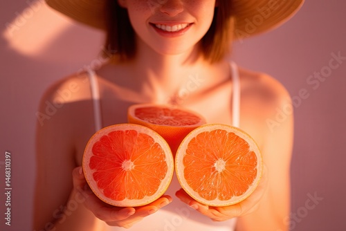 Obraz na płótnie Woman holding two fresh grapefruit slices with bright pink flesh against a white background. w salonie