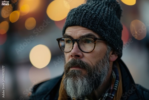 Obraz na płótnie Portrait of a bearded hipster in a hat and glasses on the background of the night city. w salonie