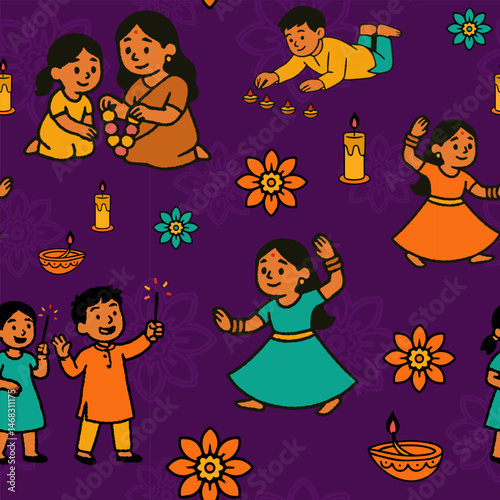 Seamless flat Diwali pattern with happy kids dancing, lighting candles and diyas, surrounded by marigolds and festive elements on a vibrant red background.