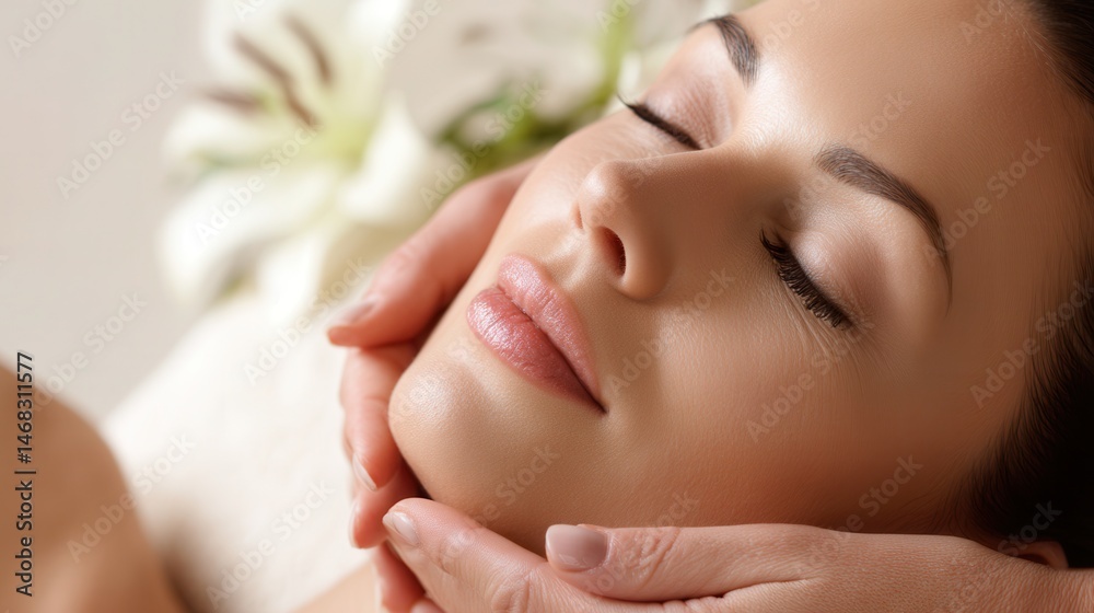 Woman receiving a relaxing facial massage at a spa with soft lighting and neutral decor.
