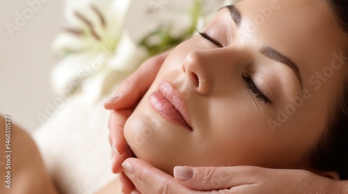 Obraz na płótnie Woman receiving a relaxing facial massage at a spa with soft lighting and neutral decor. w salonie