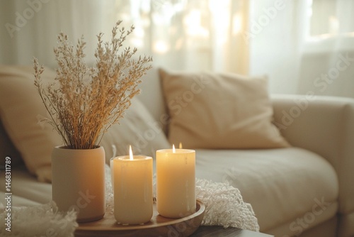 close-up of a minimalist living room decor, soft neutral cushions, a stylish coffee table with a small plant and candles, soft natural light from a nearby window. Generative AI