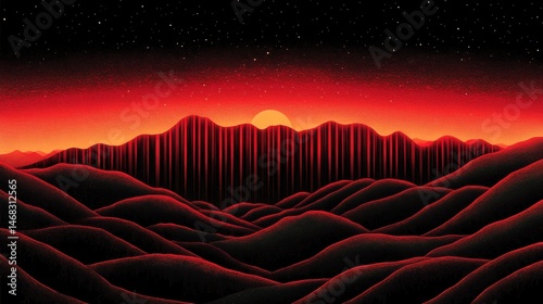 Retro pixelated mountains under fiery sky at twilight evoking 80s nostalgia and the allure of low resolution landscapes and virtual horizons