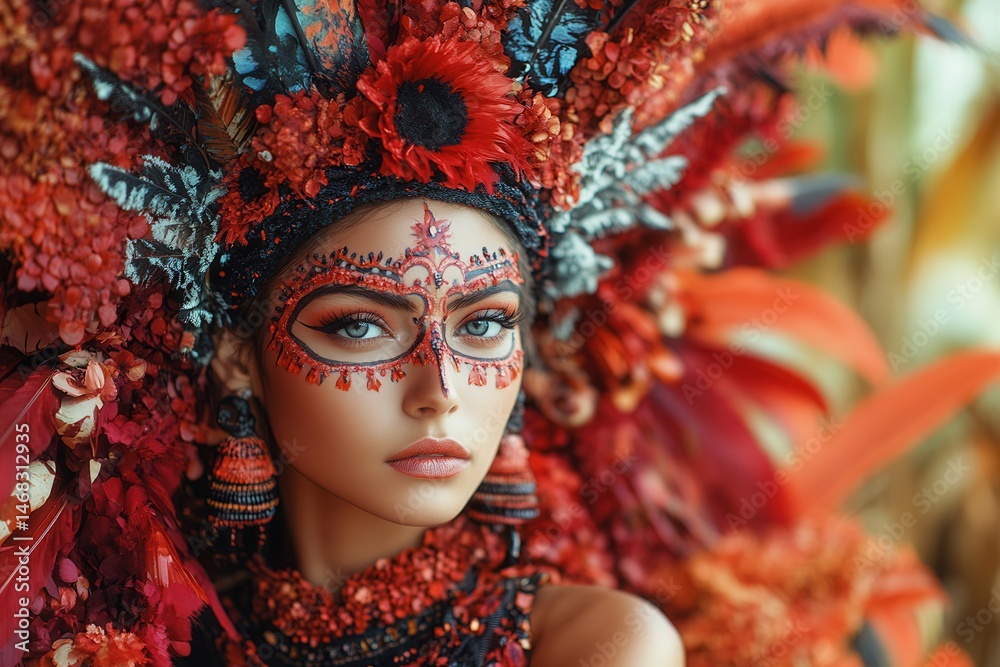 Woman with red and black tribal makeup and black feathers headpiece against dark background.