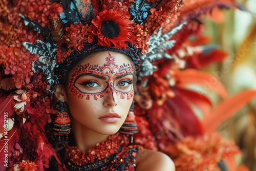 Woman with red and black tribal makeup and black feathers headpiece against dark background.