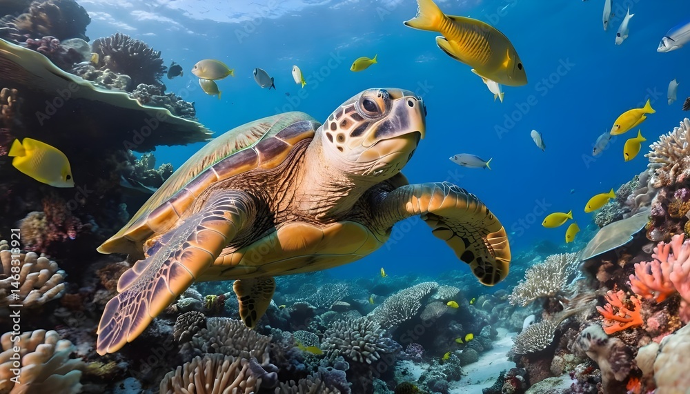 Fototapeta premium Majestic Sea Turtle in Vibrant Coral Reef