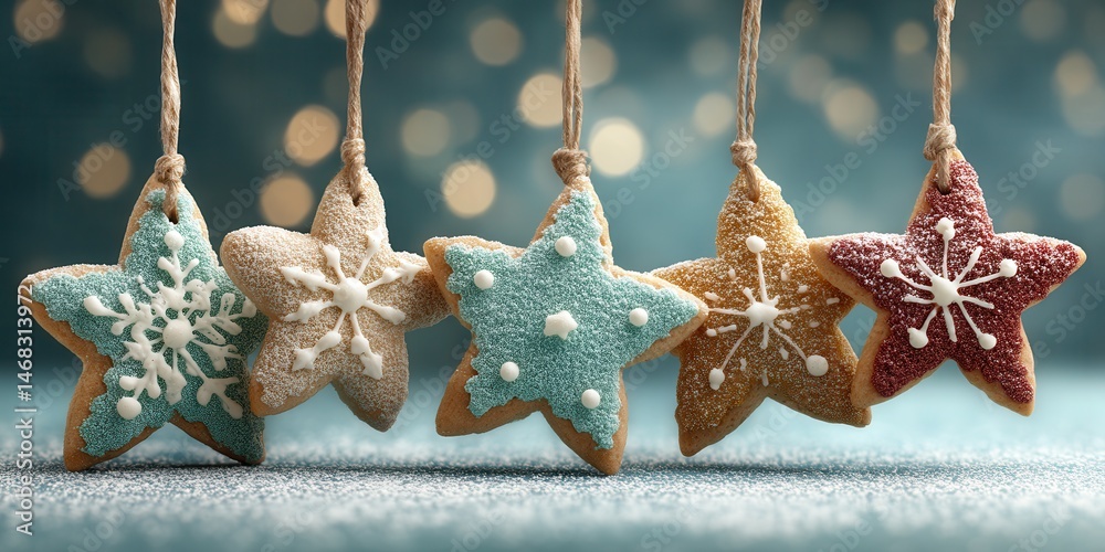 Five colorful decorated cookies hanging from strings against a white background, perfect for festive displays.