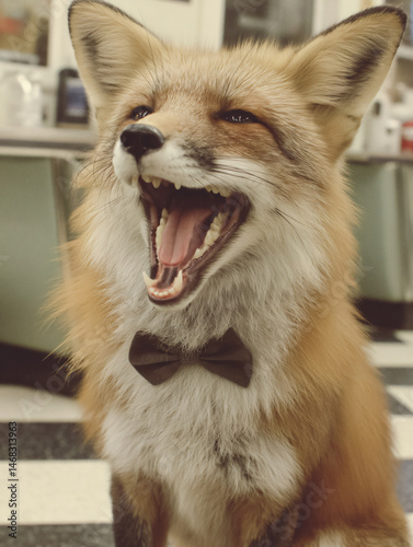 Cute Fox Yawning Sporting Bowtie - Playful Canine Animal with Whiskers Dressed in Vintage Interior Captured in Wildlife Nature Photography - Furry Friendly Adorable Pet Stuns in Colorful Portrait