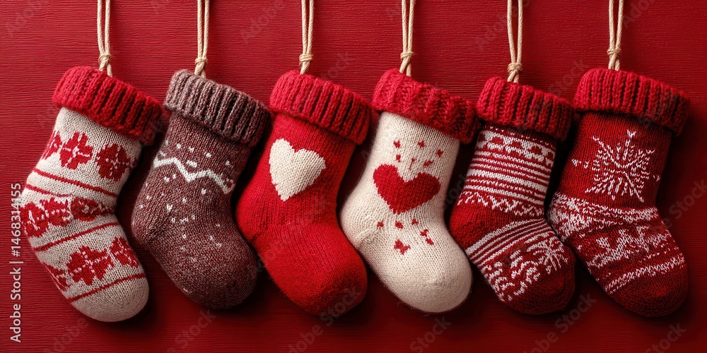 Four pairs of colorful socks drying on a rope against a vibrant red textured wall in natural daylight.