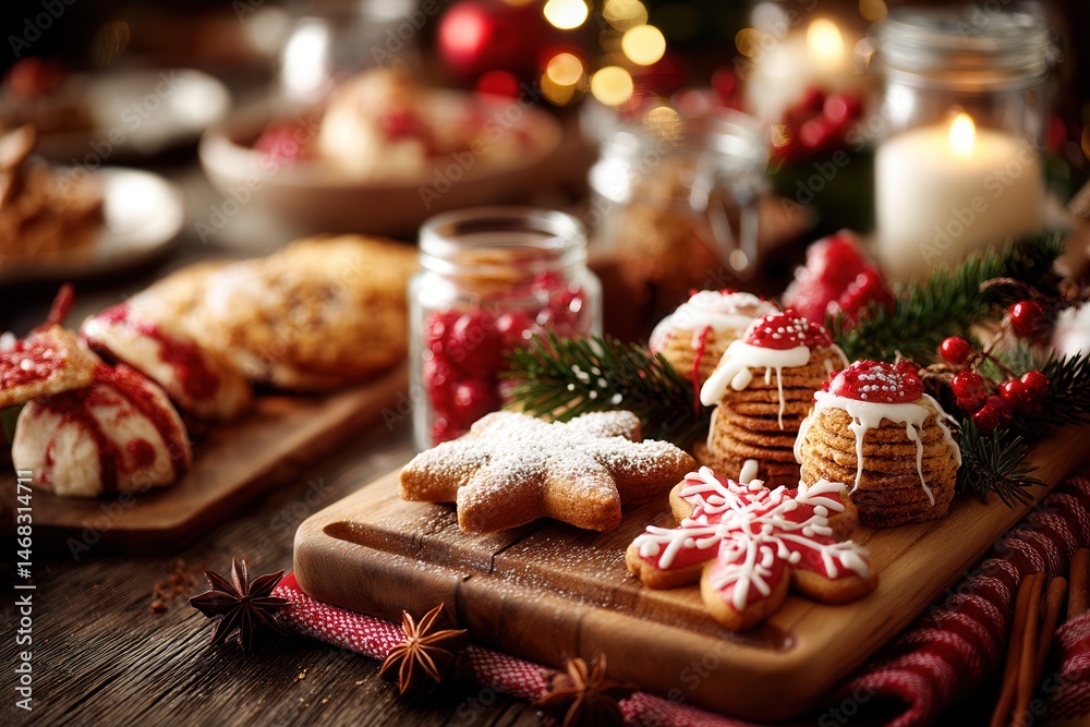 Assorted cookies on a wooden cutting board with lit candles softly glowing in the background.