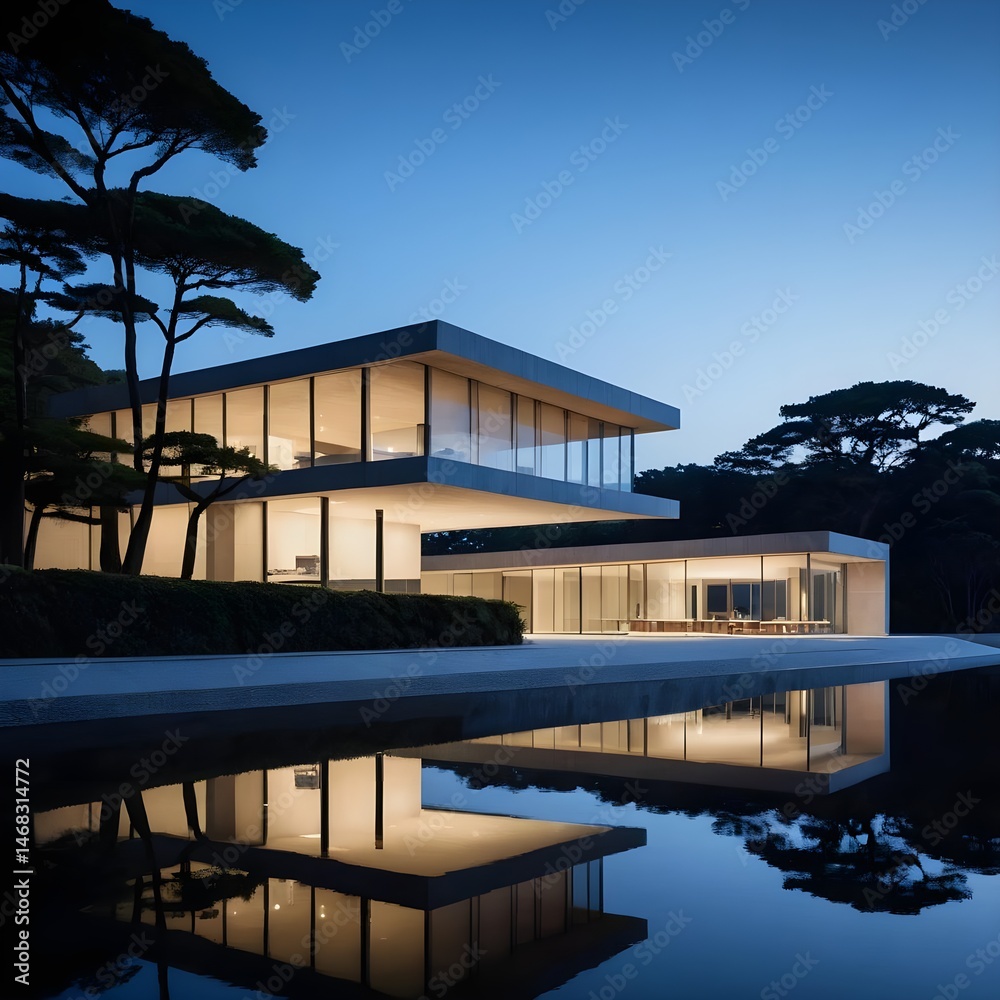 Fototapeta premium Modern House Reflection in Evening Water