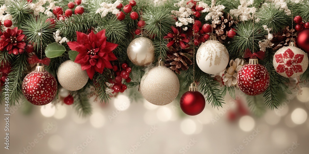 Red and white Christmas garland decorated with poinsettias and ornaments on a raffia base.