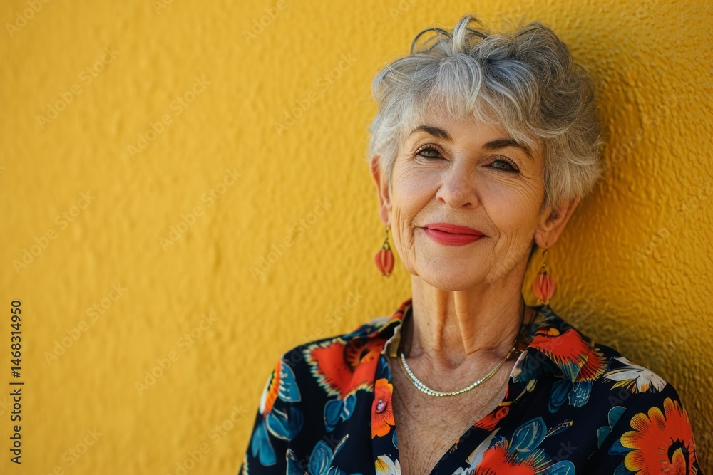 Portrait of a smiling senior woman standing against a yellow wall.