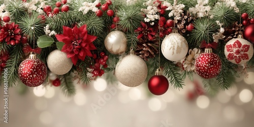 Obraz na płótnie Red and white Christmas garland decorated with poinsettias and ornaments on a raffia base. w salonie