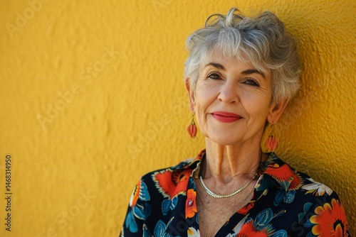 Obraz na płótnie Portrait of a smiling senior woman standing against a yellow wall. w salonie