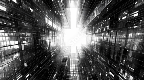 Urban highrise, mirrored glass facade, 3d illustration. [Mirrored Realities] | Dual Horizon | inverse skyline. Illustration