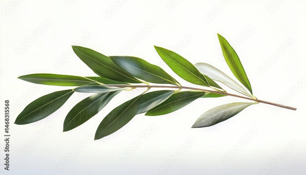 Obraz premium single green leafy branch with elongated leaves arranged alternately on thin stem isolated on white background